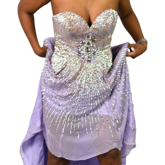 Sherri Hill Silk Dress Purple Sequin Sweetheart Hi Low Strapless Gown Formal 8 - Picture 8 of 16